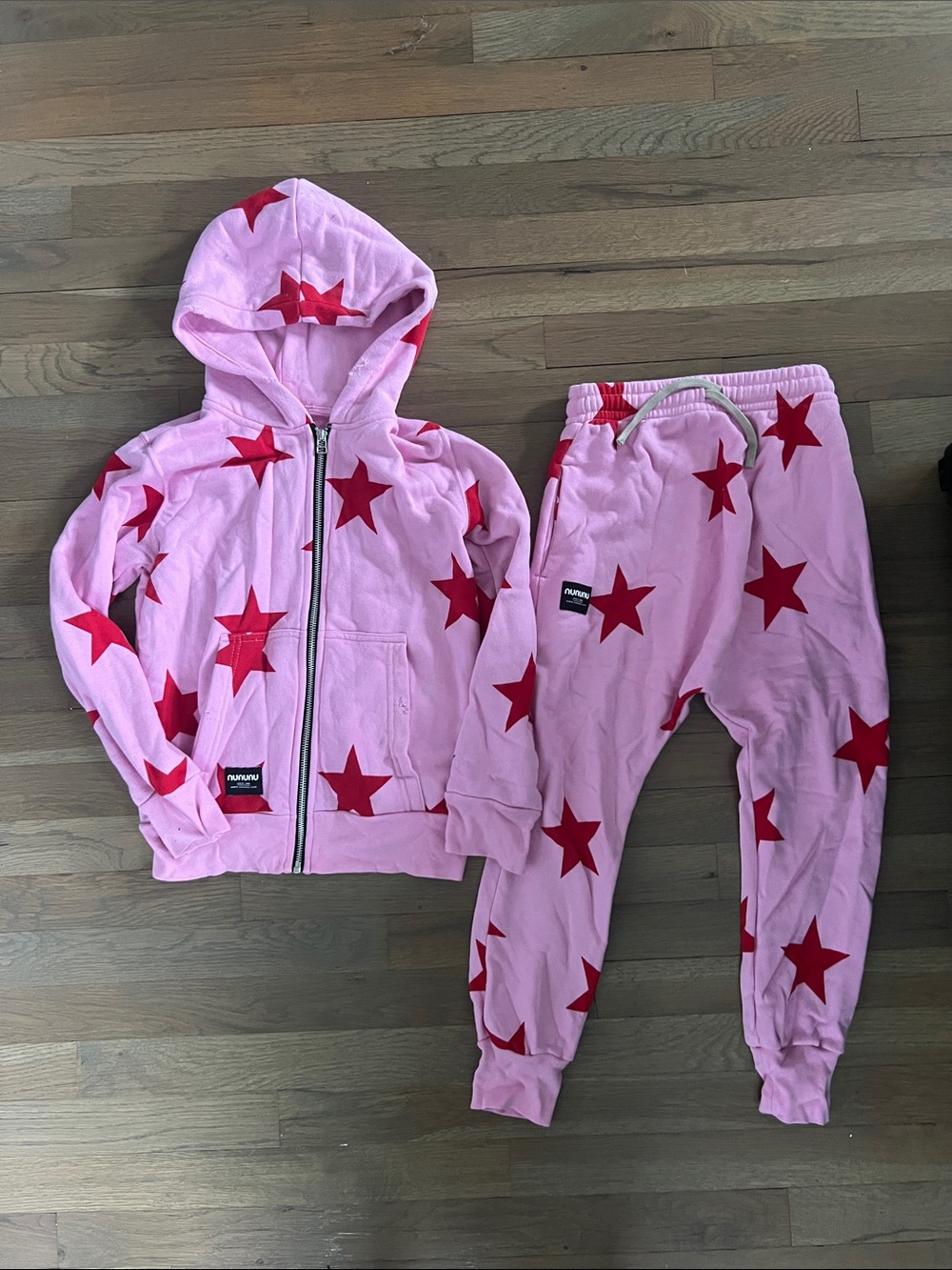 Nununu Distressed Hoodie & Jogger Set Pink with Red Stars Girls Size 8-9